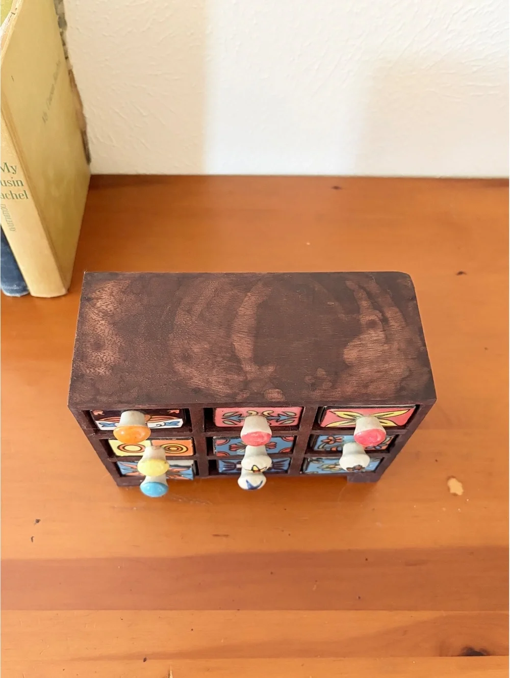 Wooden Apothecary Spice Cabinet 9 Drawer Colorful Hand-Painted Ceramic Knobs